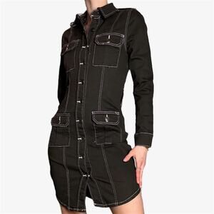 Black denim button-up dress long sleeve fitted white stitching size XS NY&Co